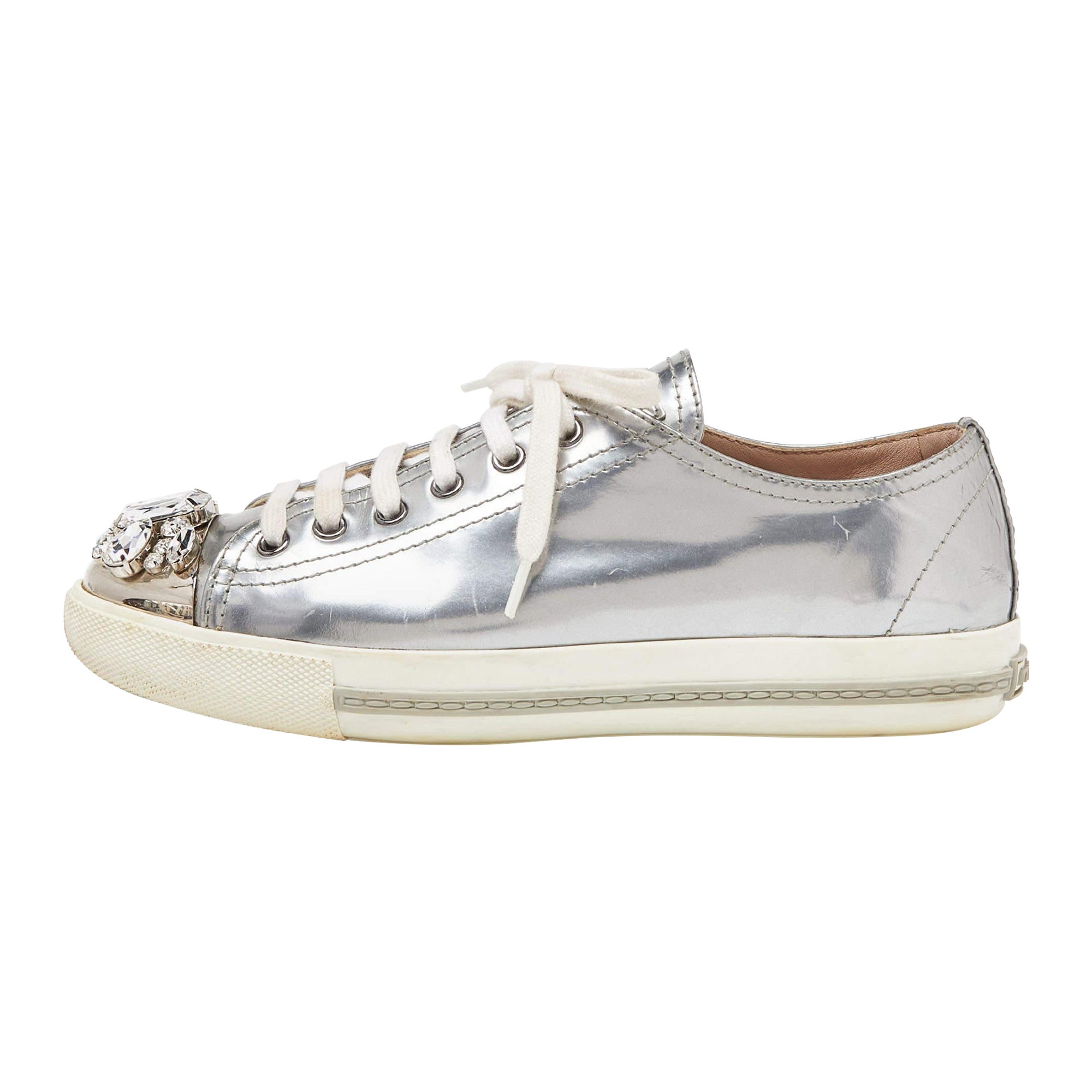 Miu Miu Patent Leather Crystal Embellished Cap-Toe Low-Top Sneakers Size 38.5