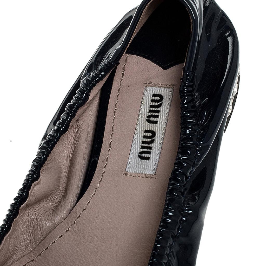 Black Miu Miu Patent Leather Detail Crystal Embellished Heel Scrunch Ballet Flats 35