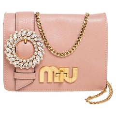 Miu Miu Peach Leather Crystal Buckle Flap Shoulder Bag