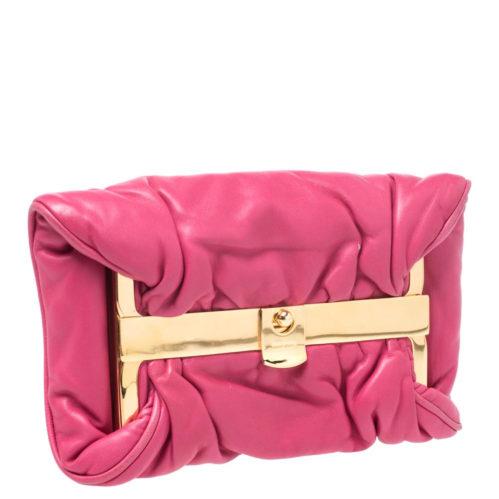 Women's Miu Miu Peonia Pink Nappa Leather Gold Frame Clutch