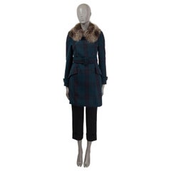 MIU MIU petrol blue wool TARTAN CHECK FUR TRIM BELTED Coat Jacket 38 XS