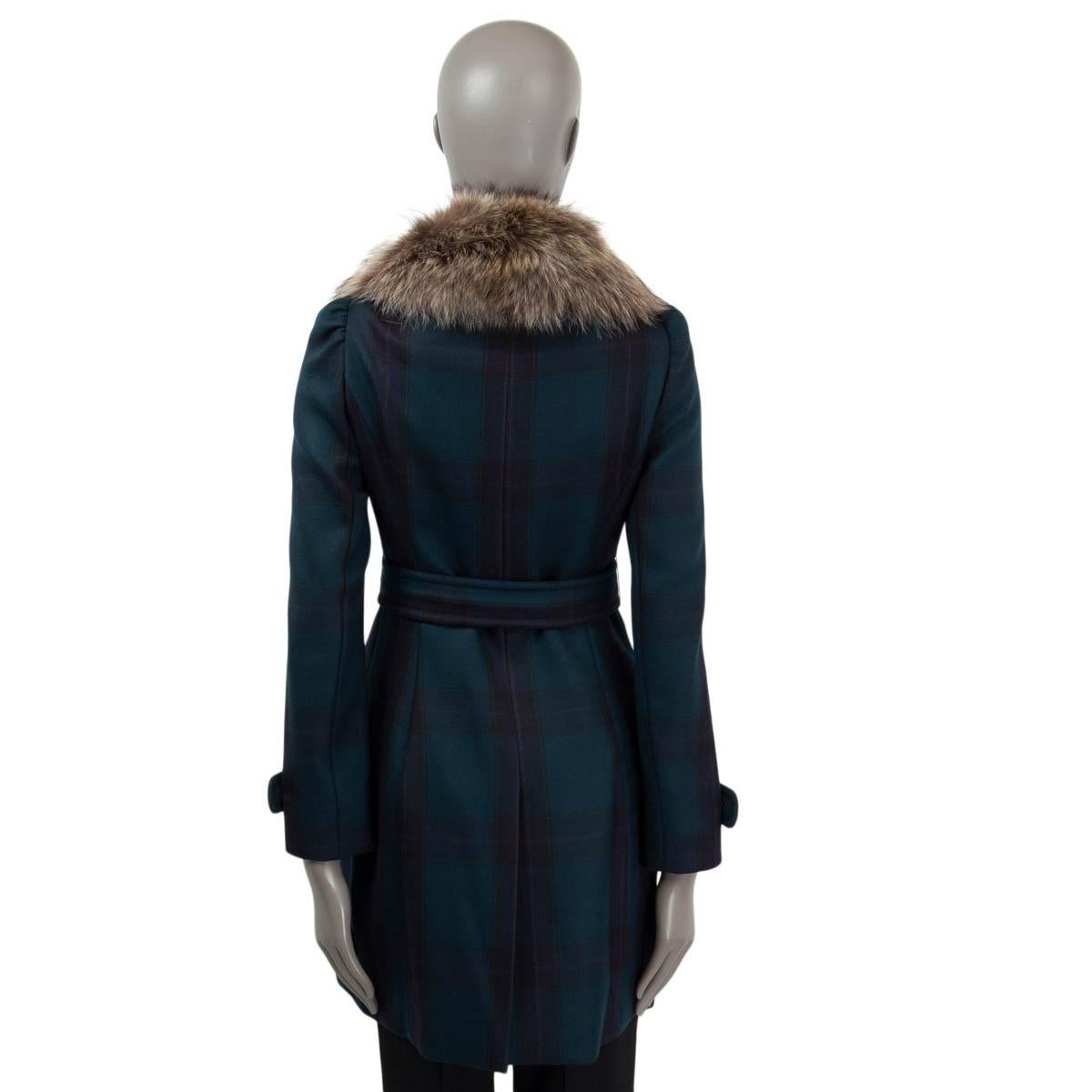 Black MIU MIU petrol blue wool TARTAN CHECK FUR TRIM BELTED Coat Jacket 38 XS For Sale