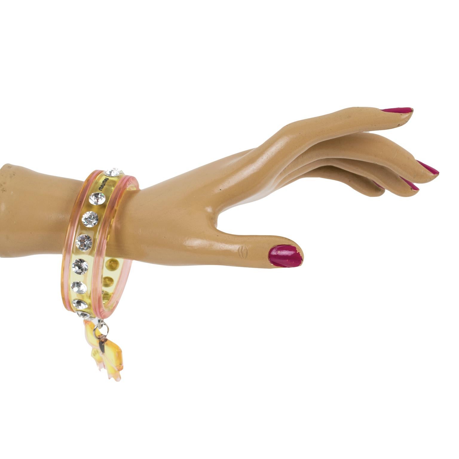 Miu Miu Pink and yellow Acrylic Bracelet Bangle with Bow Charm 2