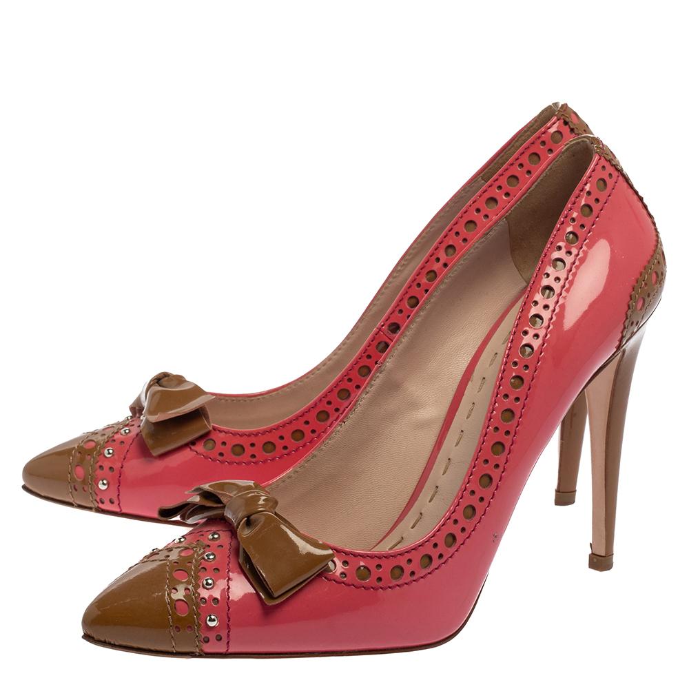 Miu Miu Pink/Brown Patent Leather Bow Pointed Toe Pumps Size 39.5 For ...
