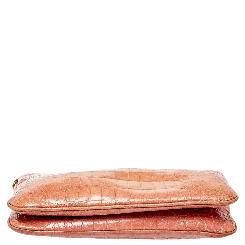 Orange Miu Miu Pink Croc Embossed Leather Crossbody Bag