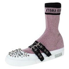Miu Miu Pink Fabric And White Leather Embellished Buckle Detail Sock Sneakers 40