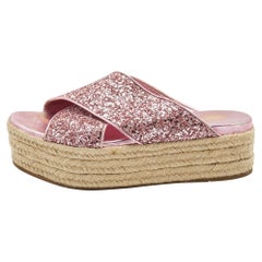 Miu Miu Pink Glitter Cross Strap Platform Espadrille Sandals Size 37.5