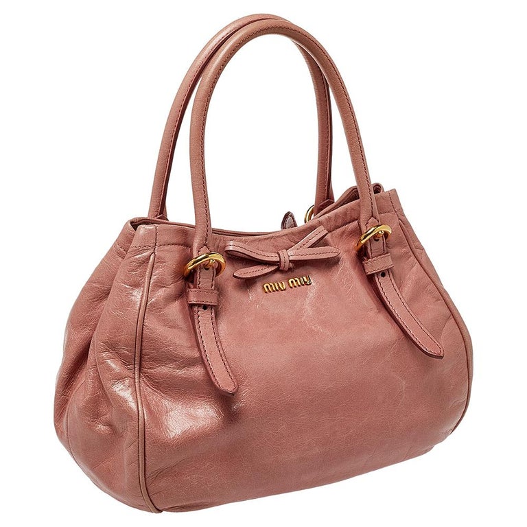 Auth Miu miu Handbag 2Way Shoulder Bag #4706 Pink Beige Leather Bow Ribbon