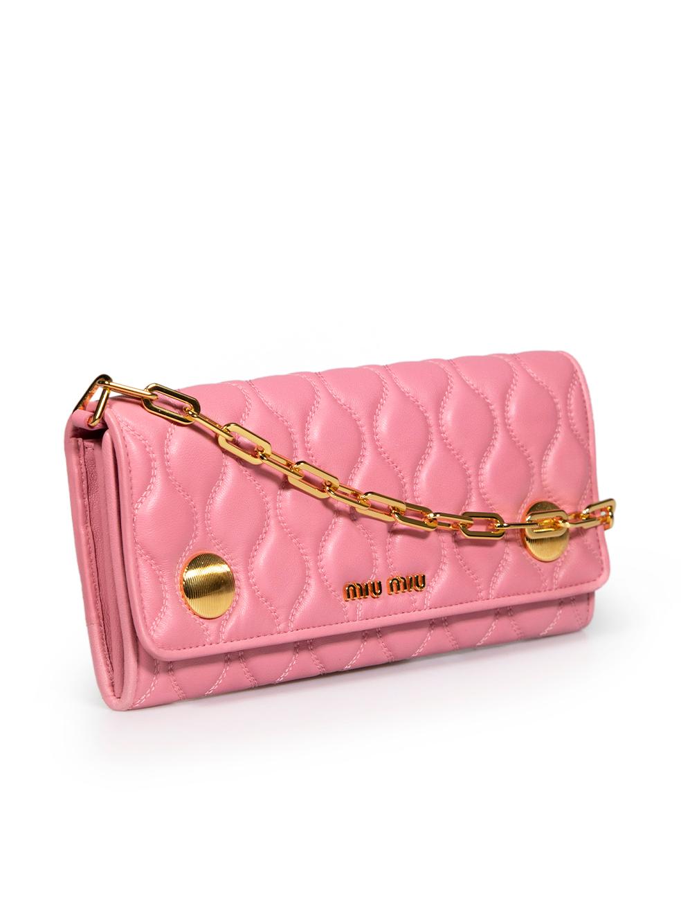 CONDITION is Never worn. No visible wear to bag is evident on this new Miu Miu designer resale item. Comes with original box.
 
 
 
 Details
 
 
 Pink
 
 Leather
 
 Mini crossbody wallet on chain
 
 Quilted
 
 Gold tone hardware
 
 Button and logo