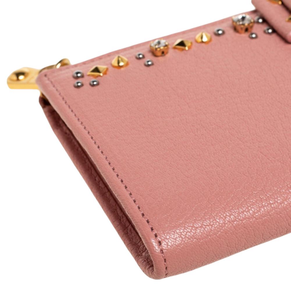 Beige Miu Miu Pink Leather Studded Bow Crystal Embellished Zip Around Wallet