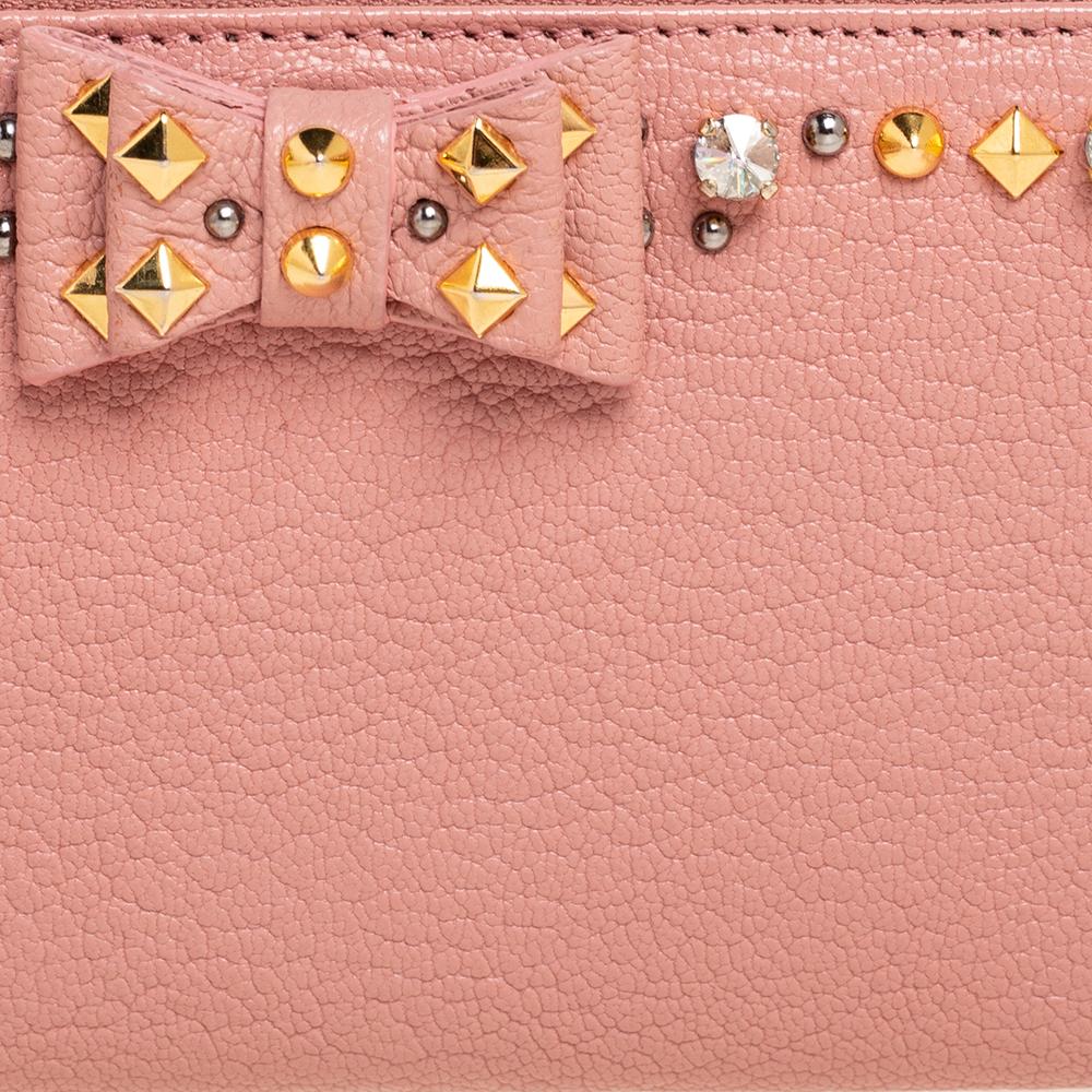 Women's Miu Miu Pink Leather Studded Bow Crystal Embellished Zip Around Wallet