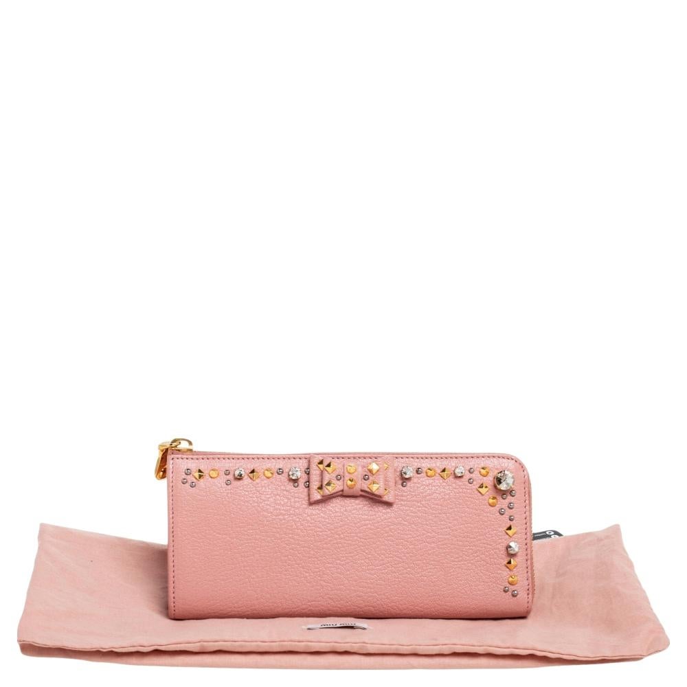Miu Miu Pink Leather Studded Bow Crystal Embellished Zip Around Wallet 2