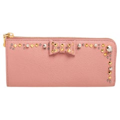Miu Miu Pink Leather Studded Bow Crystal Embellished Zip Around Wallet