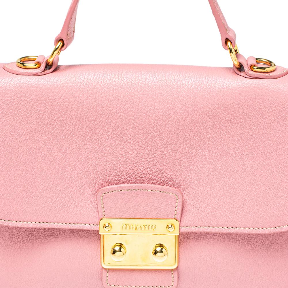 Women's Miu Miu Pink Madras Leather Push Lock Flap Top Handle Bag