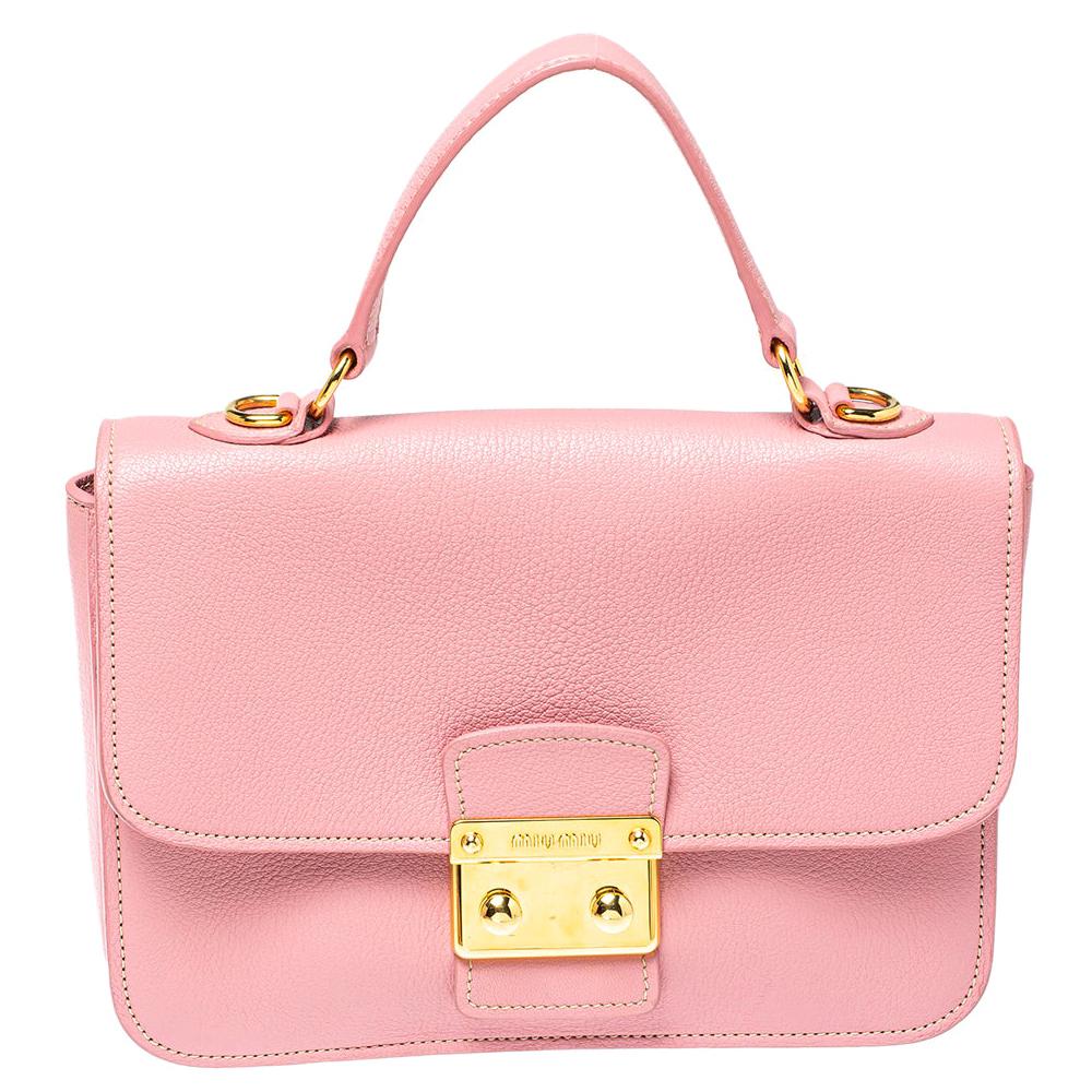 Miu Miu Pink Madras Leather Push Lock Flap Top Handle Bag