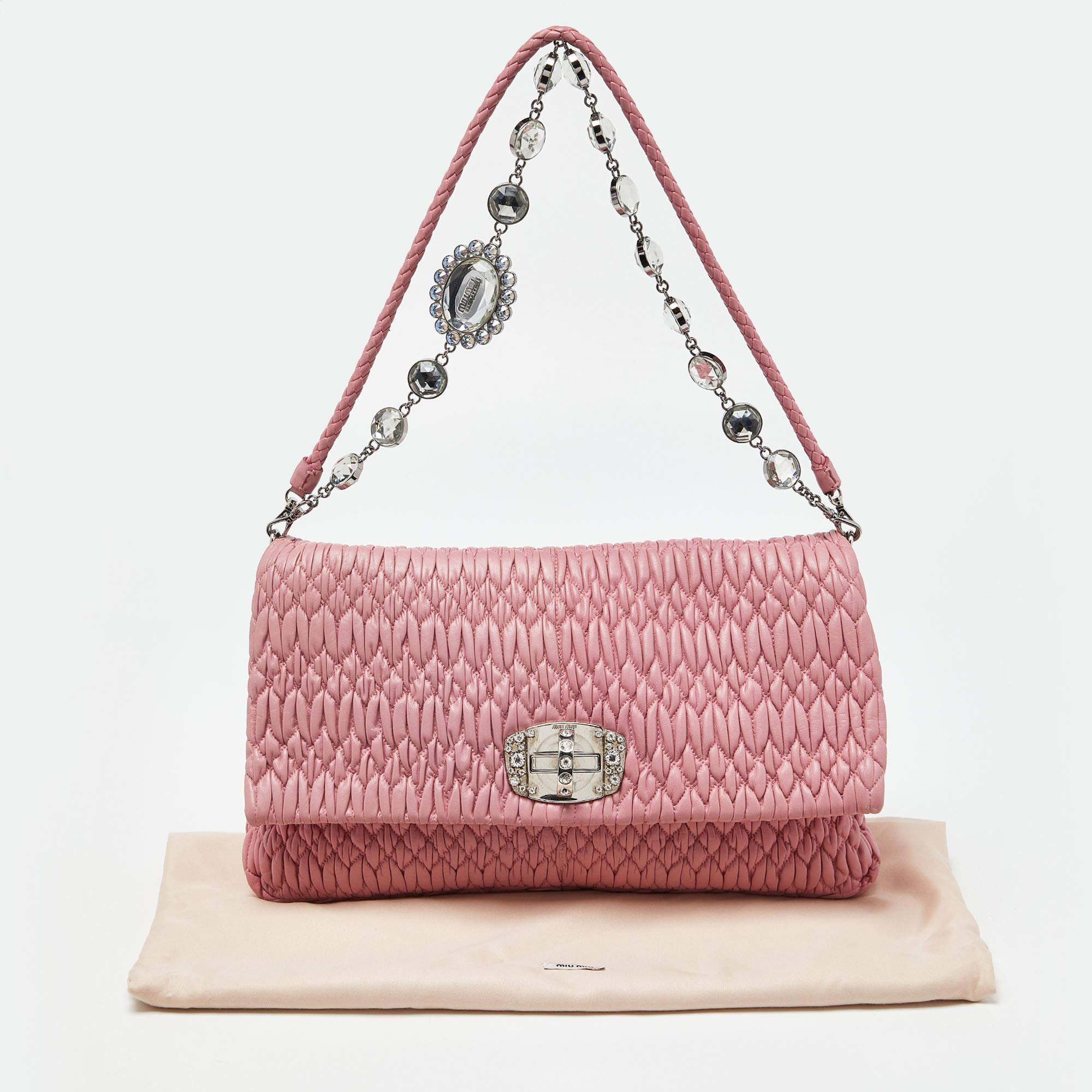 Miu Miu Pink Matelassé Leather Crystal Shoulder Bag 10