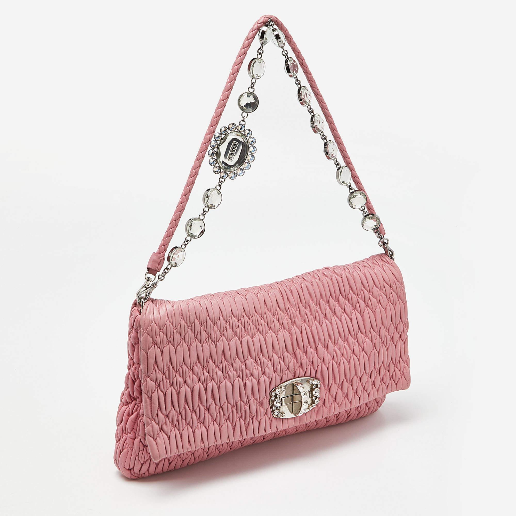Women's Miu Miu Pink Matelassé Leather Crystal Shoulder Bag