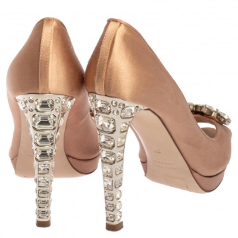 Women's Miu Miu Pink Satin Crystal Embellished Heel Peep Toe Platform Pumps Size 37 For Sale