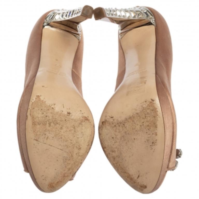 Miu Miu Pink Satin Crystal Embellished Heel Peep Toe Platform Pumps Size 37 For Sale 1