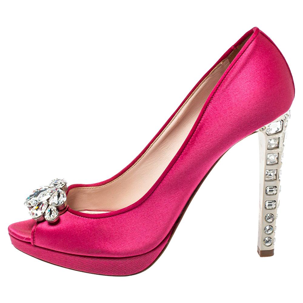 Miu Miu Miu Rosa Satin Kristall verschönerte Plateau-Pumps mit Absatz und Peep Toe Größe 38