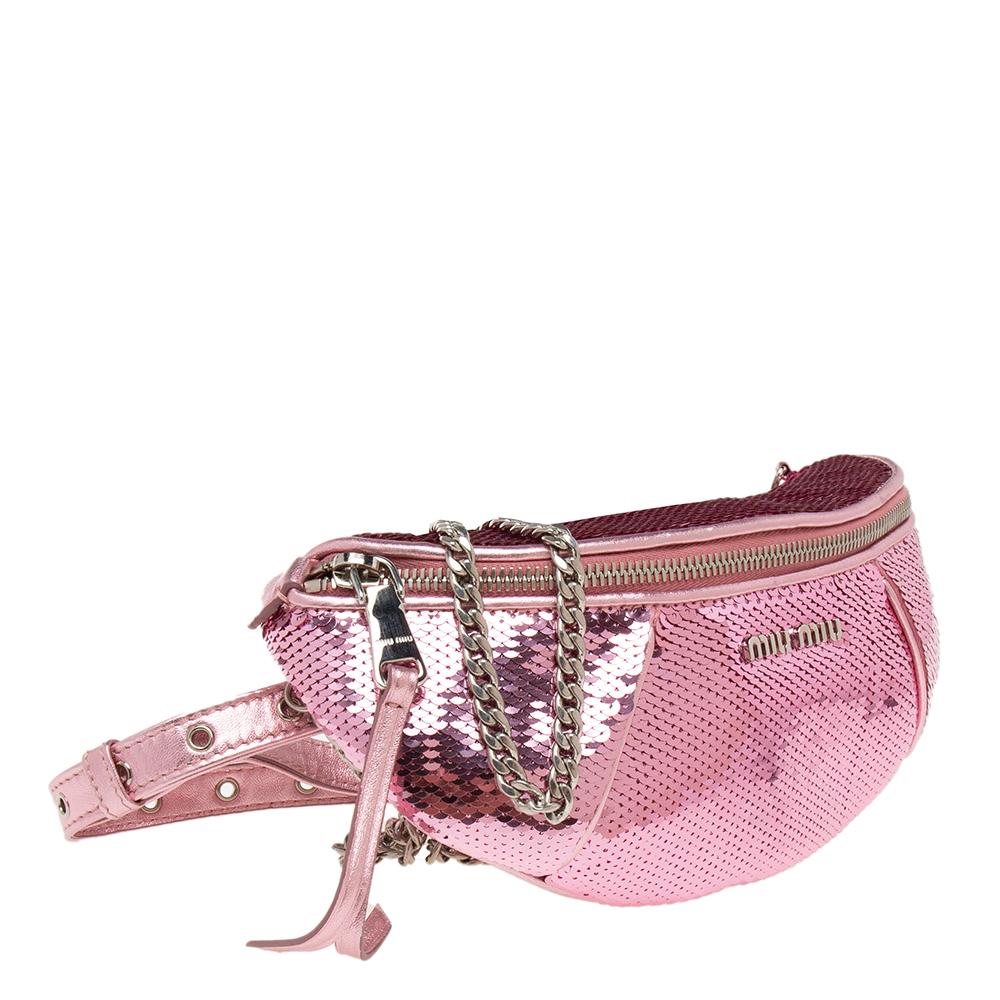 Beige Miu Miu Pink Sequins and Leather Belt Bag