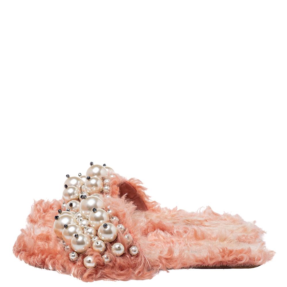 Beige Miu Miu Pink Shearling Pearl Flat Sandals Size 36.5