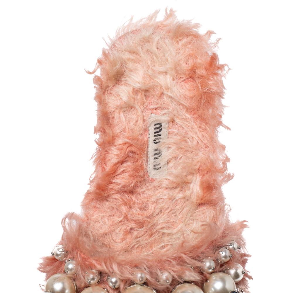 Women's Miu Miu Pink Shearling Pearl Flat Sandals Size 36.5