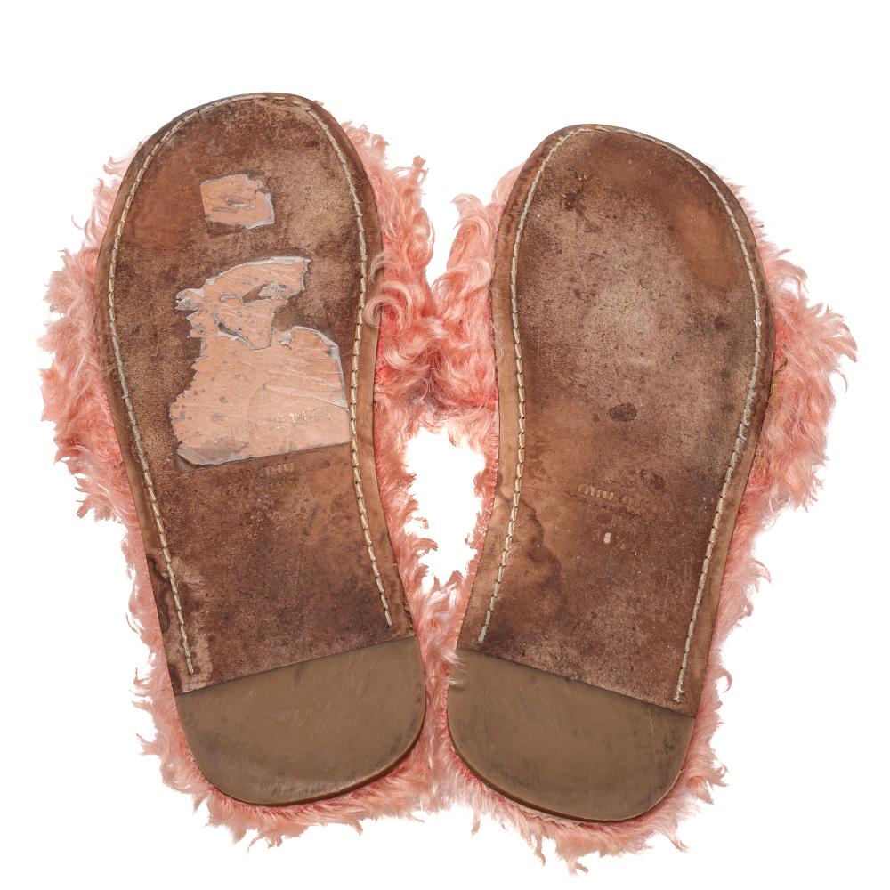 Miu Miu Pink Shearling Pearl Flat Sandals Size 36.5 1