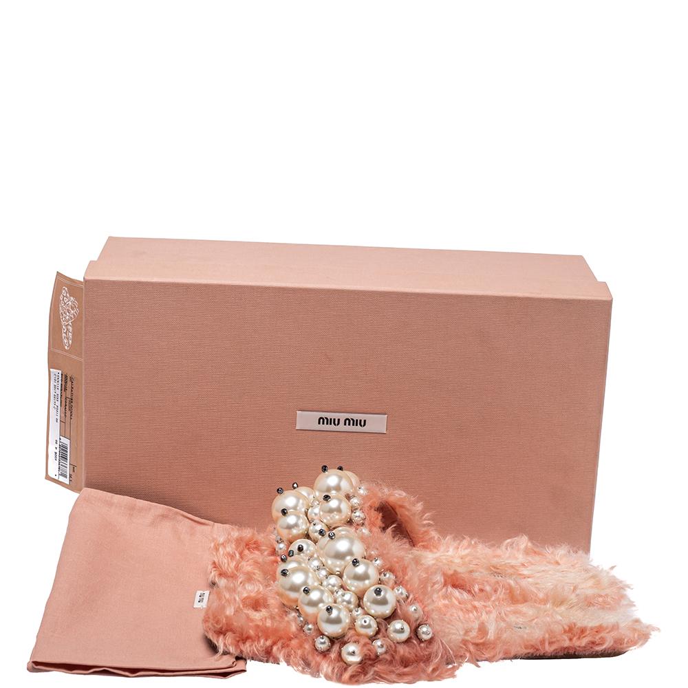 Miu Miu Pink Shearling Pearl Flat Sandals Size 36.5 2