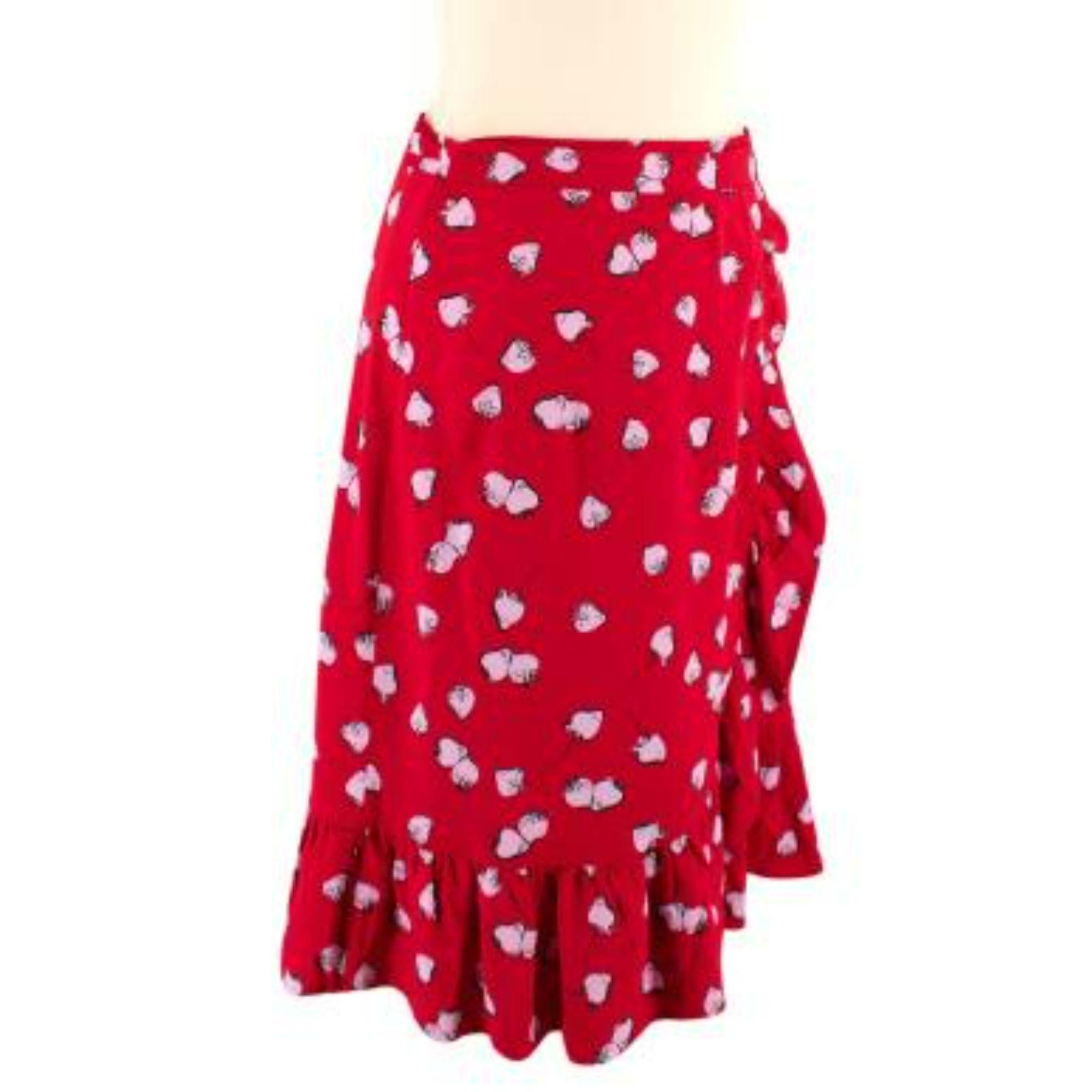 Miu Miu Pink Strawberry Printed Red Frill Mini Skirt In Excellent Condition For Sale In London, GB