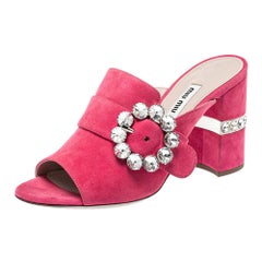 Miu Miu Pink Suede Crystal Embellished Block Heel Sandals Size 37