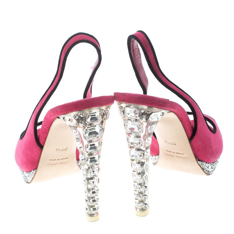 Brown Miu Miu Pink Suede Crystal Embellished Heel Gliiter Platform Peep Toe Slingback 