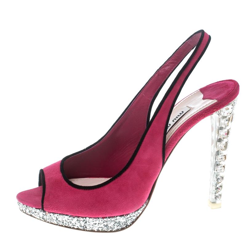 Miu Miu Pink Suede Crystal Embellished Heel Gliiter Platform Peep Toe Slingback  2