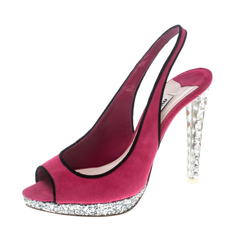 Miu Miu Pink Suede Crystal Embellished Heel Gliiter Platform Peep Toe Slingback 