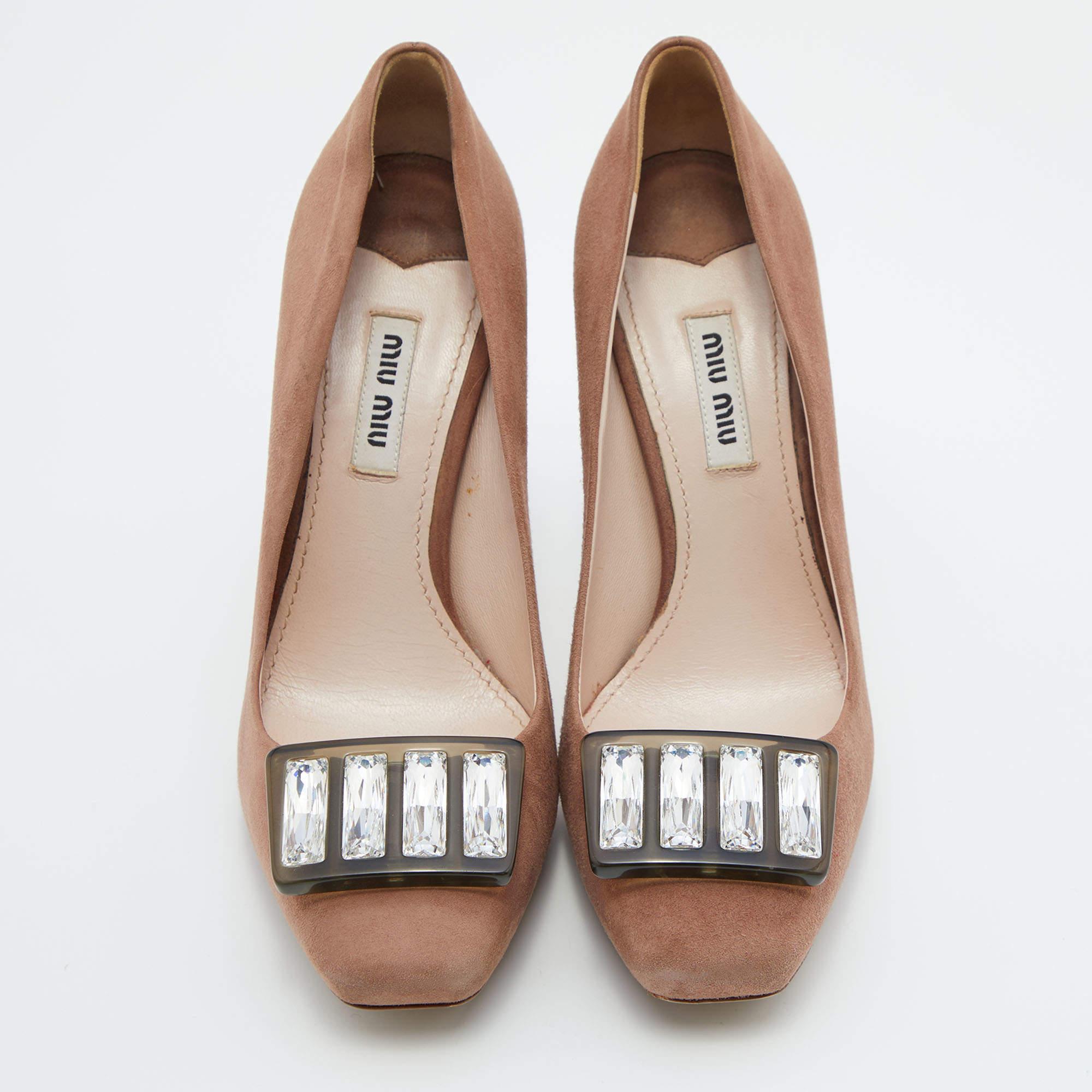 Miu Miu Bombas de plataforma de ante rosa con adornos de cristal talla 37 Marrón en venta