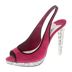 Miu Miu Pink Suede Crystal Heel Gliiter Peep Toe Slingback Sandals Size 37.5