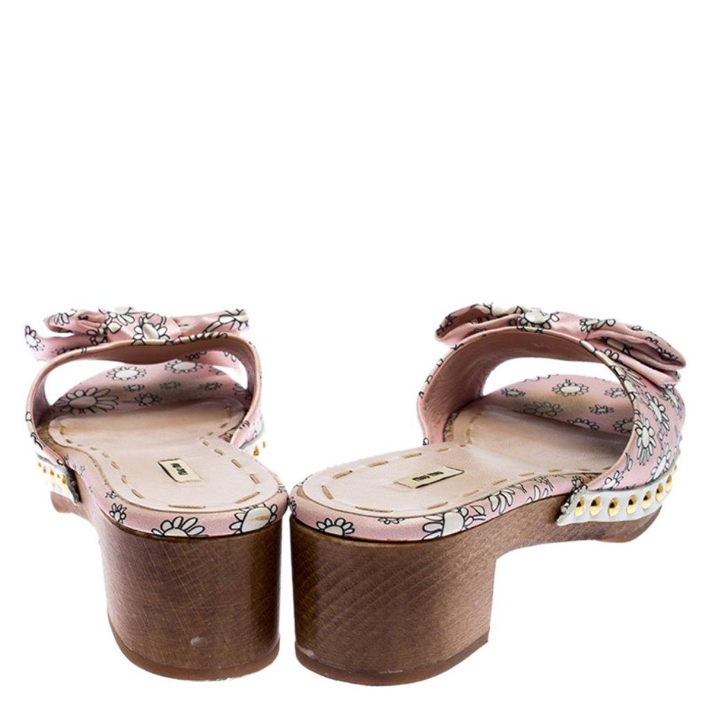 Beige Miu Miu Pink/White Printed Satin Bow Wooden Platform Sandals Size 39.5