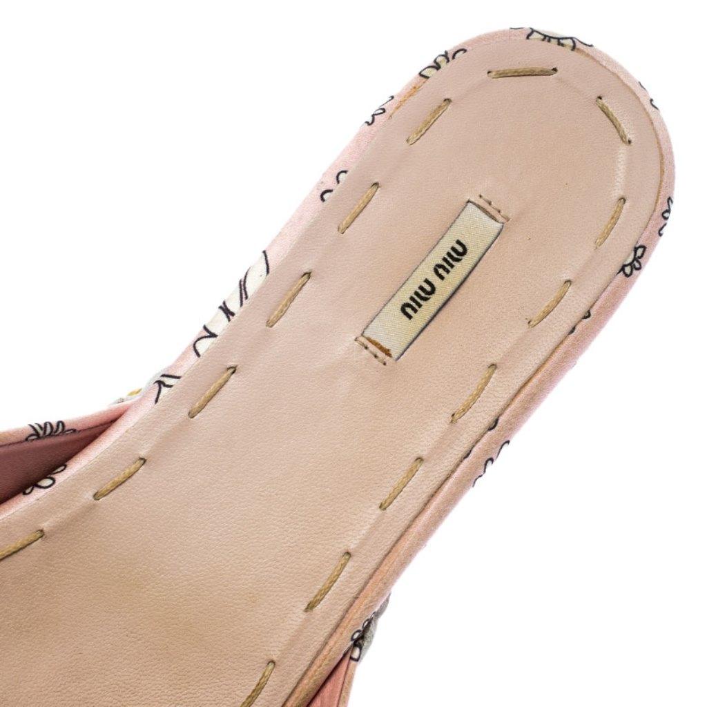 Women's Miu Miu Pink/White Printed Satin Bow Wooden Platform Sandals Size 39.5