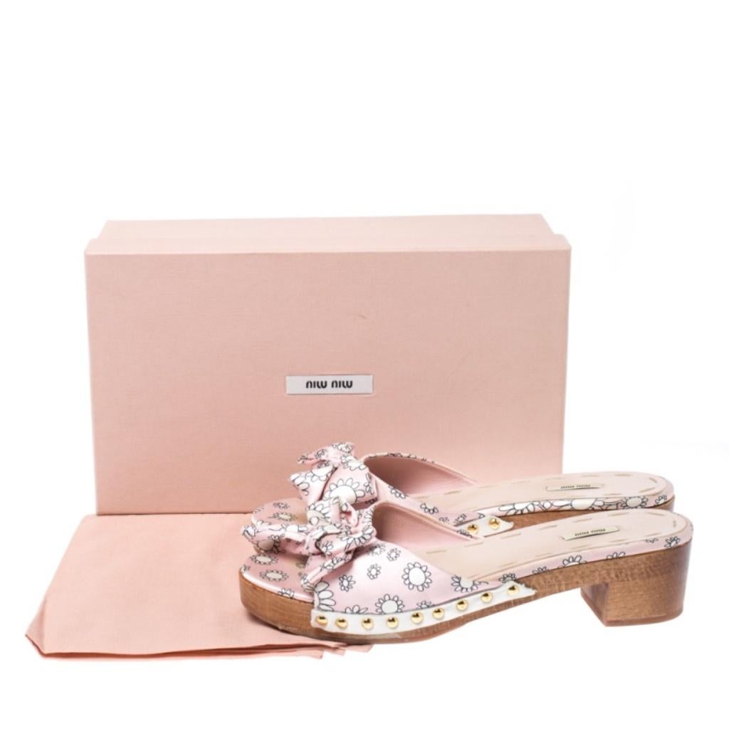 Miu Miu Pink/White Printed Satin Bow Wooden Platform Sandals Size 39.5 1