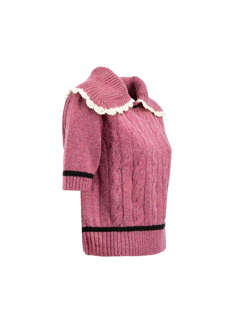 CONDITION is Very good. Hardly any visible wear to top is evident on this used Miu Miu designer resale item.



Details


Pink

Wool

Top

Cable knit

Short sleeves

Large collar





Made in Italy 



Composition

100% Wool



Care instructions: