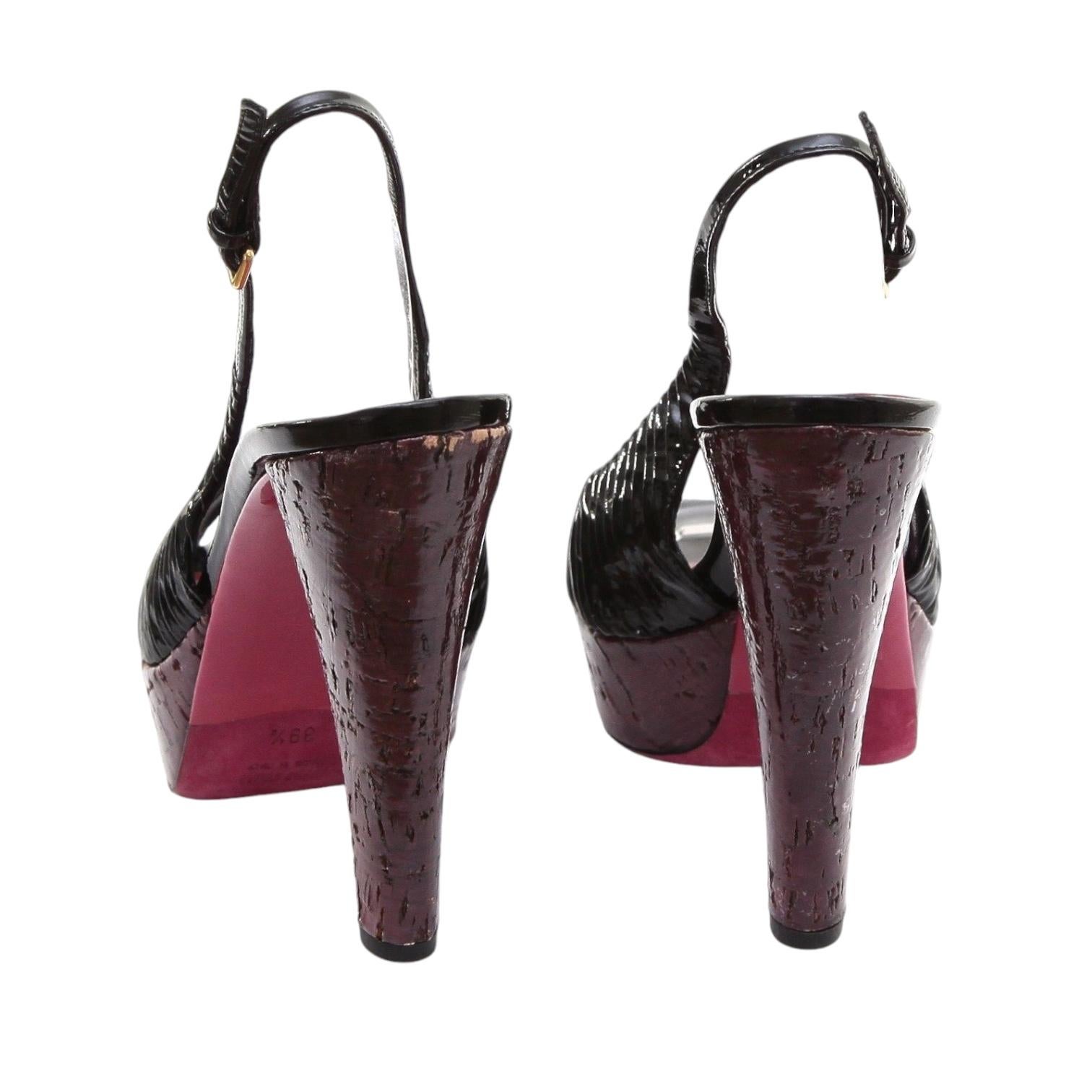 MIU MIU Pumps Platform Sandal Black Patent Leather Peep Toe Slingback 39.5 For Sale 4