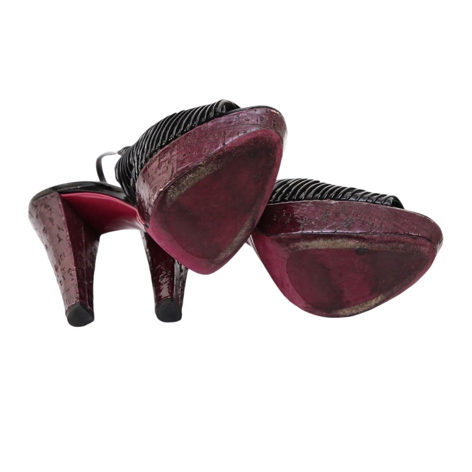 MIU MIU Pumps Platform Sandal Black Patent Leather Peep Toe Slingback 39.5 For Sale 5