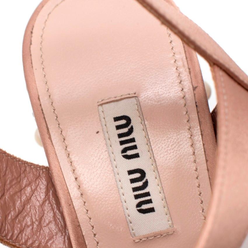 Beige Miu Miu Powder Pink Satin Faux Pearl & Crystal Block Heeled Sandals For Sale