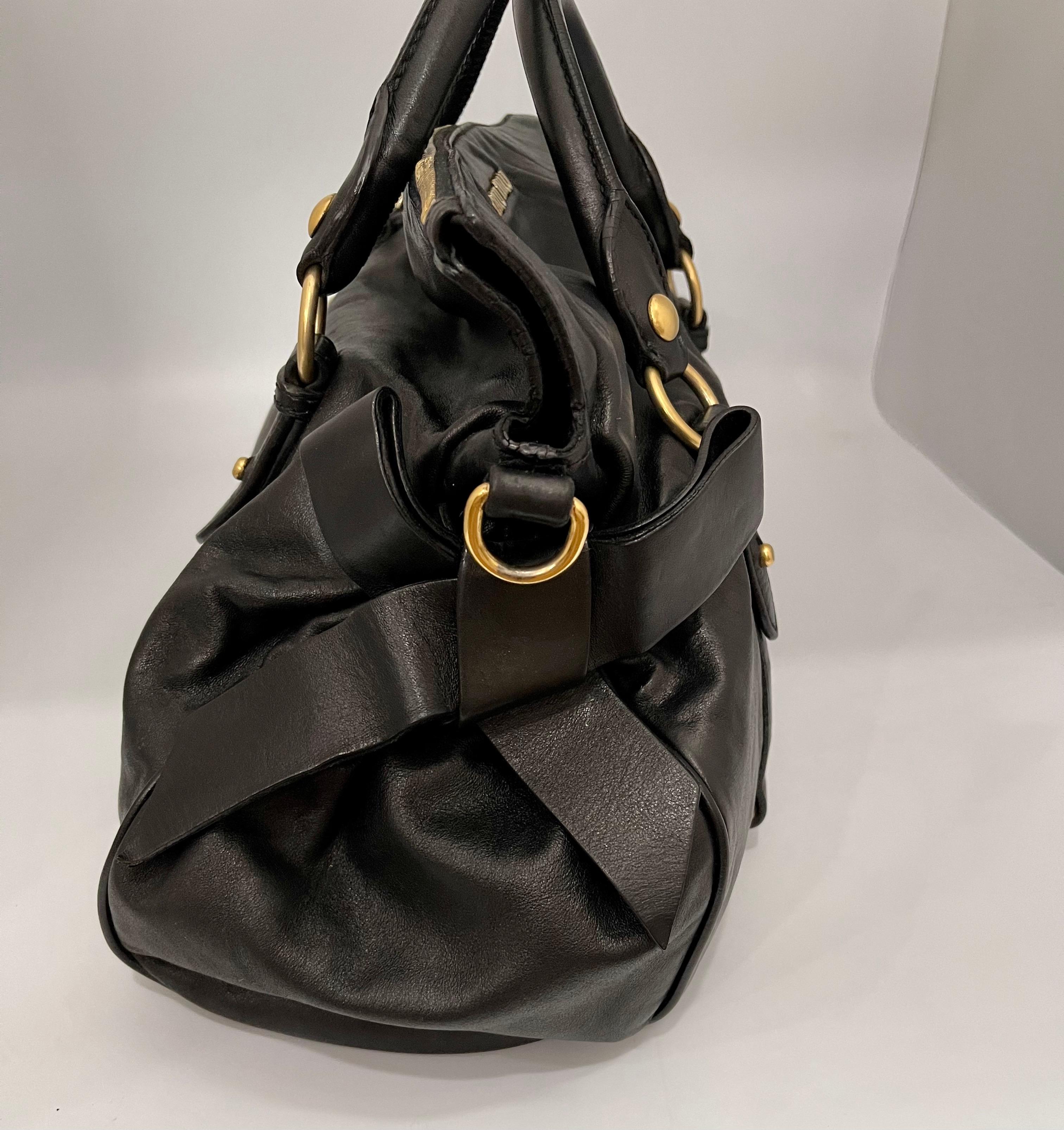 Miu Miu Prada Bow Vitello Lux Medium Calfskin Leather Satchel, Black, Bow bag In Good Condition In New York, NY