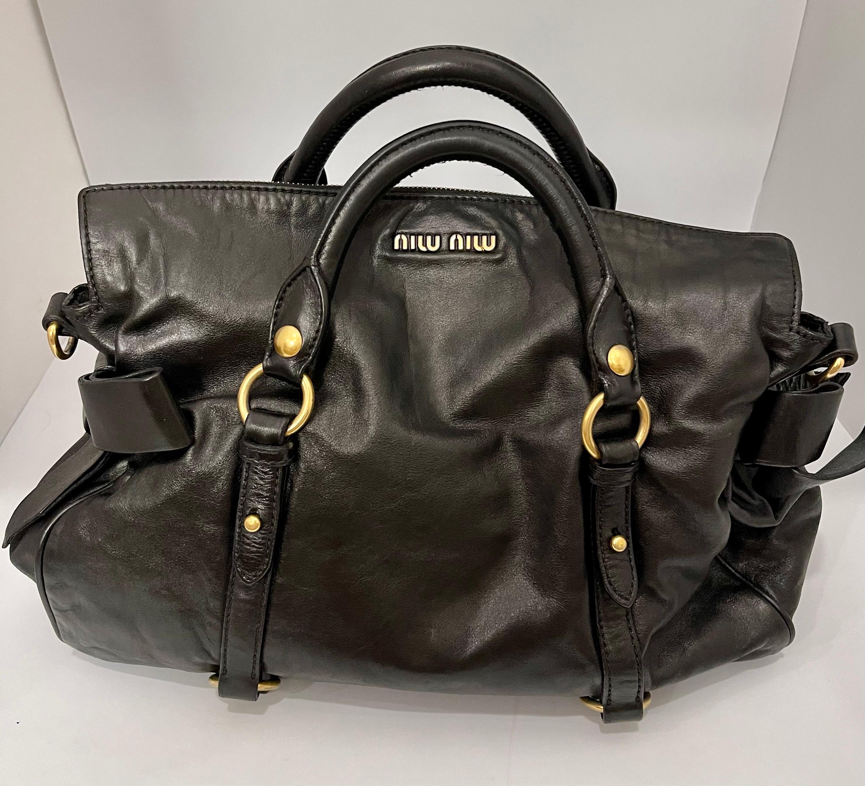 Women's Miu Miu Prada Bow Vitello Lux Medium Calfskin Leather Satchel, Black, Bow bag
