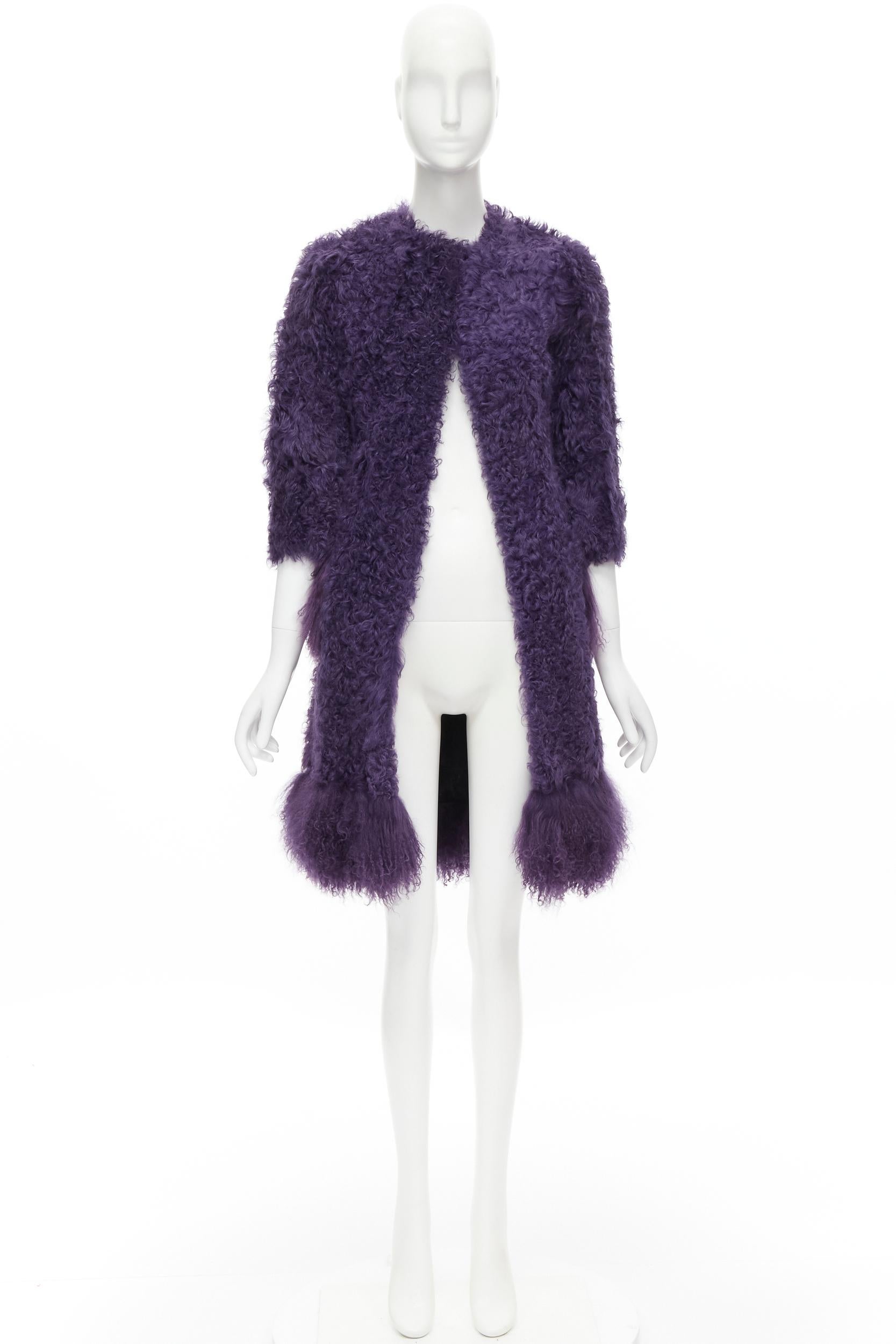 MIU MIU purple curly shearling fur contrast hem 3/4 sleeve coat IT36 XS For Sale 5