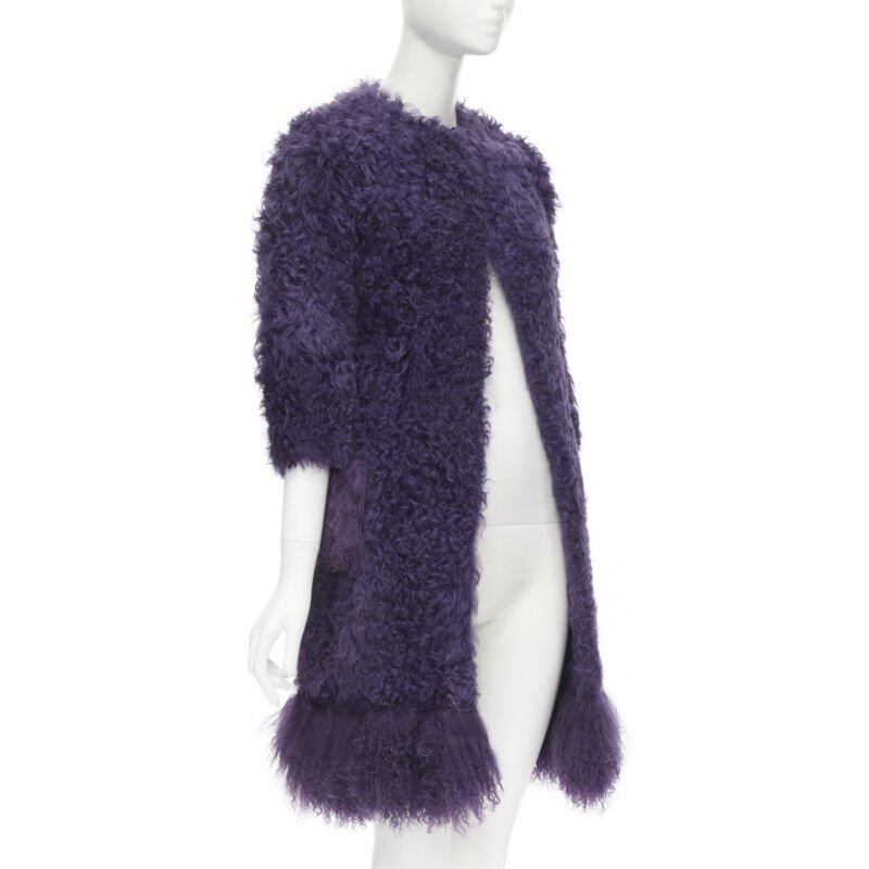 Black MIU MIU purple curly shearling fur contrast hem 3/4 sleeve coat IT36 XS