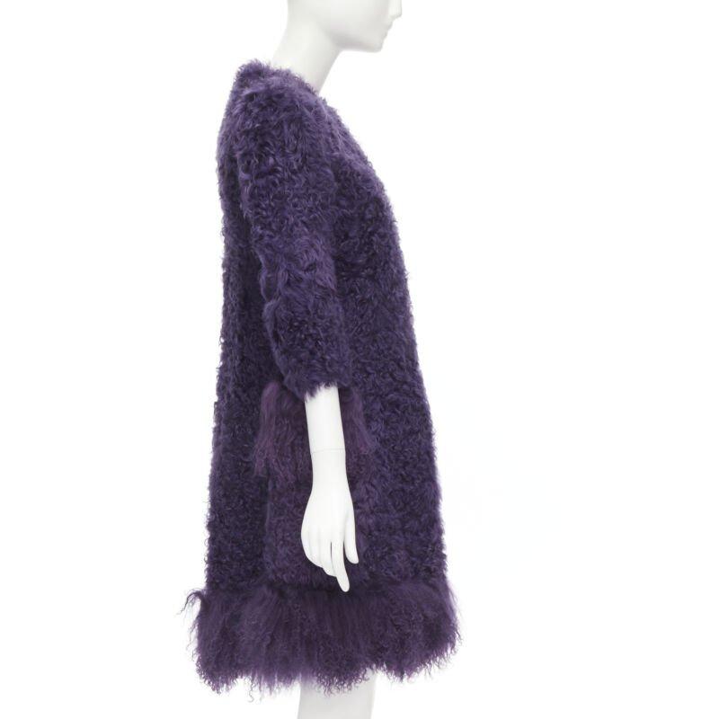 MIU MIU purple curly shearling fur contrast hem 3/4 sleeve coat IT36 XS In Excellent Condition In Hong Kong, NT
