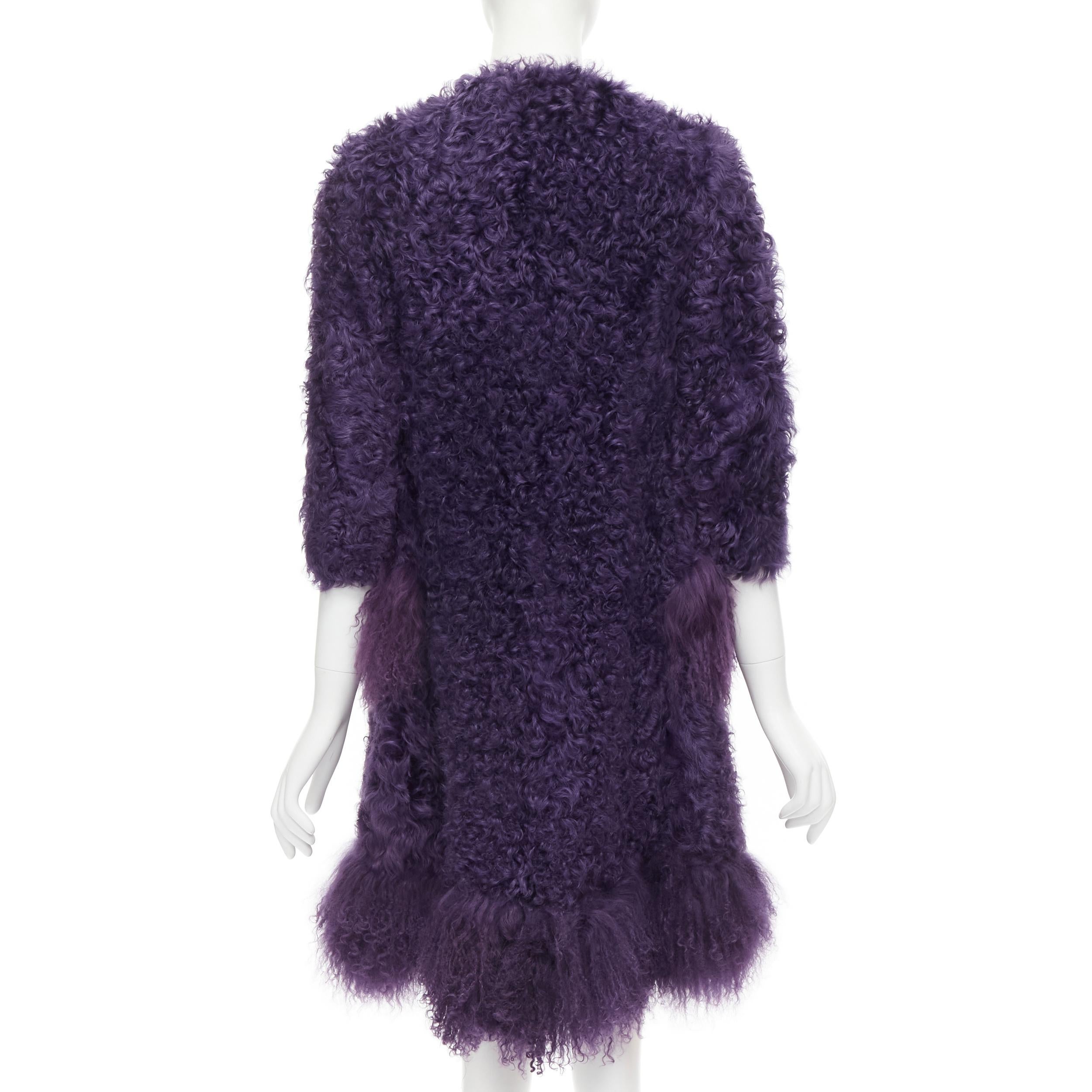 Black MIU MIU purple curly shearling fur contrast hem 3/4 sleeve coat IT36 XS For Sale