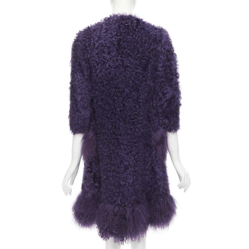 Women's MIU MIU purple curly shearling fur contrast hem 3/4 sleeve coat IT36 XS